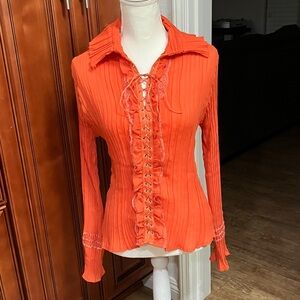 Vintage Vibrant Orange Lace-Up Blouse Size:L
